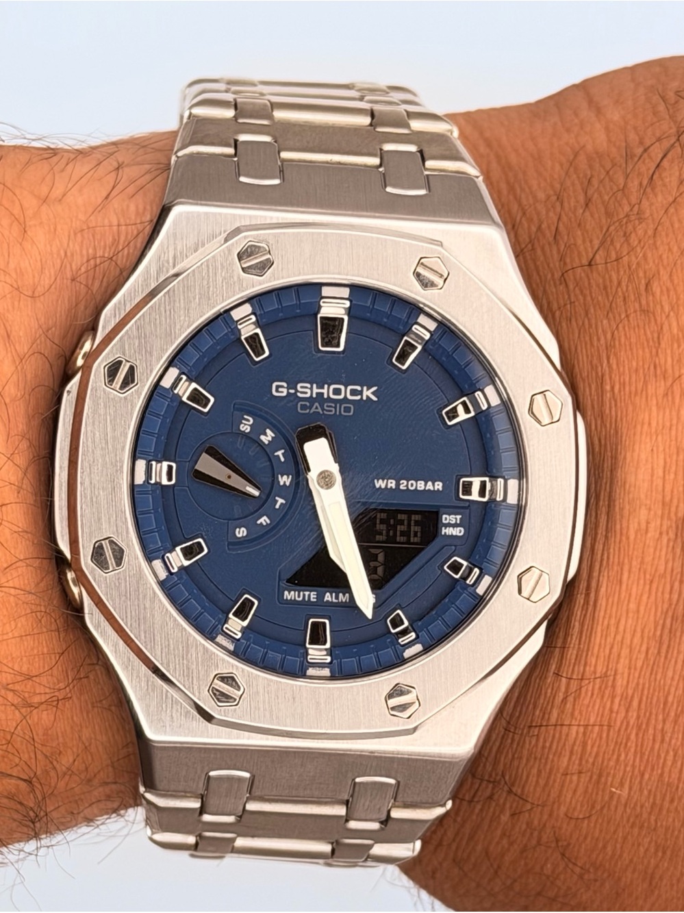 Casio G-Shock Custom Modded Silver Watch with Blue Dial